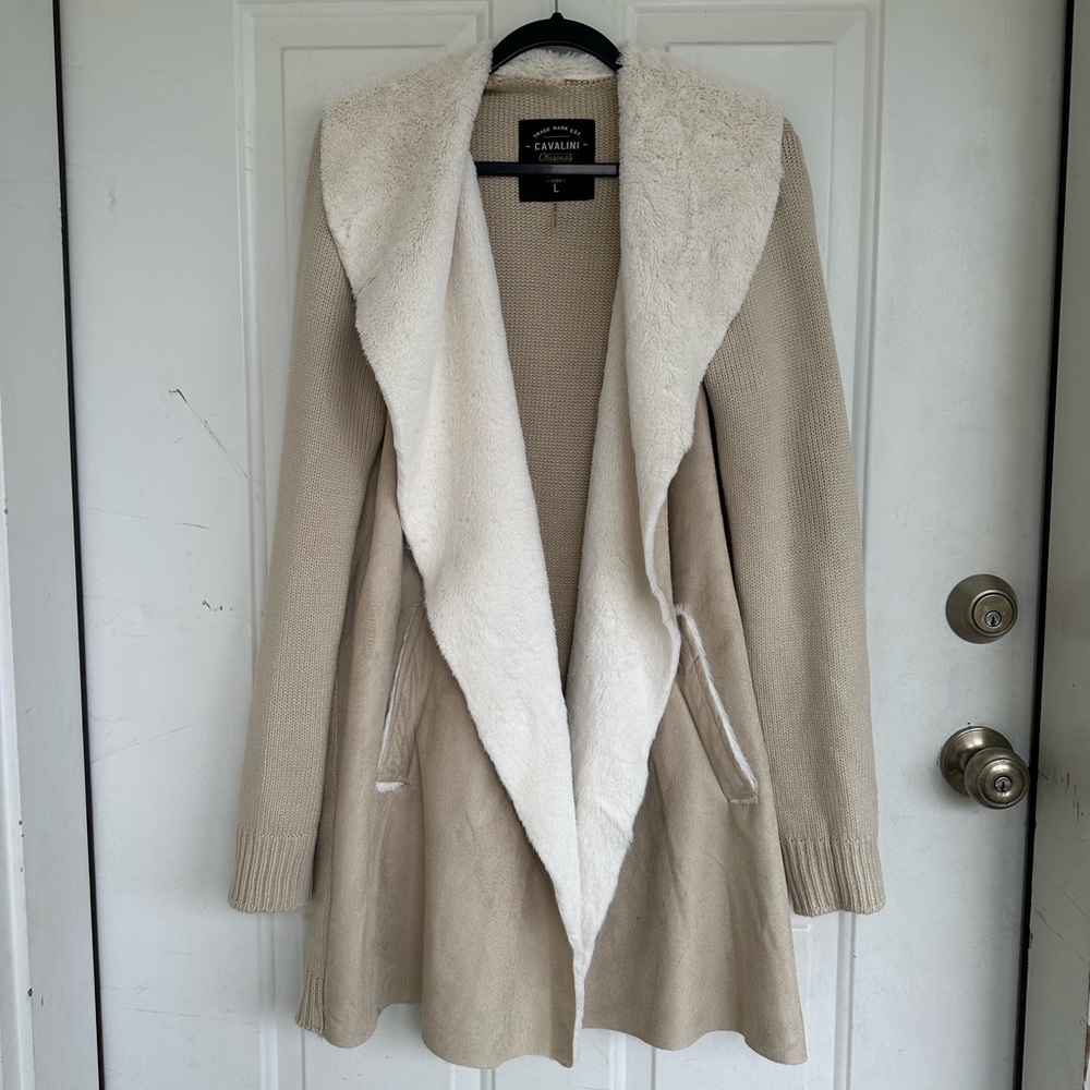Cavalini Open Front Soft Oatmeal Faux Fur Jacket Size L